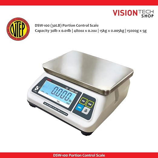 VisionTechShop DSW-100 Portion Food Scale with Single LCD Display, Stainless Steel Platter, 30lb Capacity, 0.01lb Readability, Lb/Oz/Kg/g Switchable, NTEP COC #22-007, NSF Certified