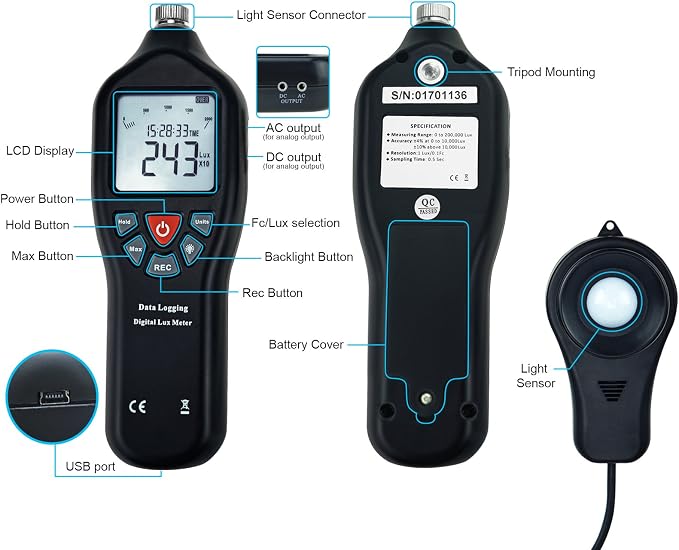 Digital Lux Meter 0-200,000 Lux – USB Data Logger for Windows 10/8/7/Vista/XP, 21,000 Memory, Auto-Ranging, Backlit Display, Fc/Lux Switchable, Detachable Sensor