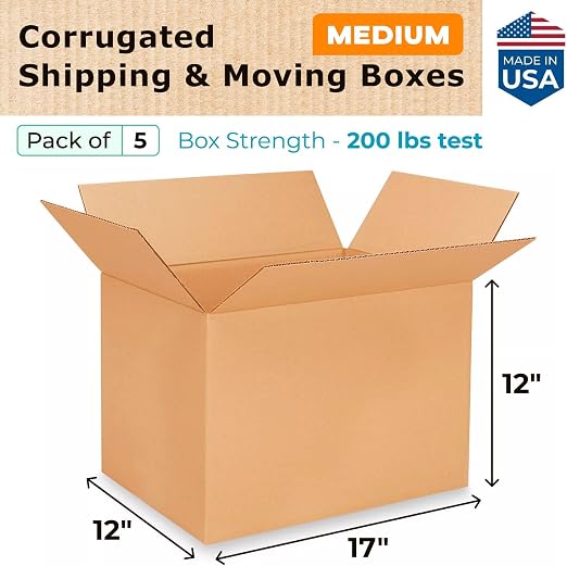 Medium Shipping & Moving Boxes 17 x 12 x 12 inches (5-Pack) - Extra Strength 200 lb vs Regular - USA-Made Corrugated Cardboard Boxes - Durable Moving Box - Package Box by IDL Packaging