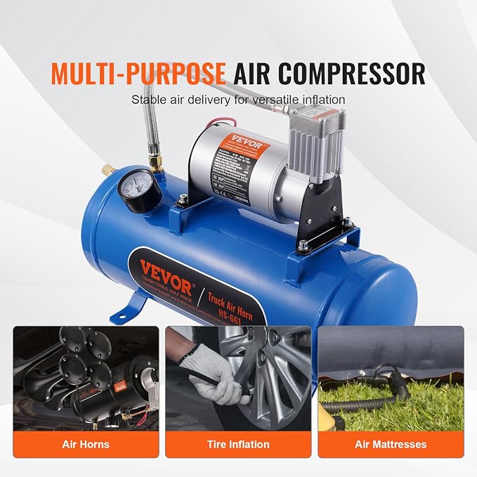 VEVOR 12V Air Compressor with 1.6 Gallon Tank, Train Horn Compressor, 120 psi Working Pressure, Inflating Tires, Air Mattresses