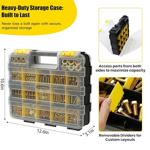 1075 Pcs Metric Bolts and Nuts Assortment Kit – Grade 8.8 | M4 M5 M6 M8 M10 M12 Hex Head Yellow Zinc Bolt Set with Nuts & Washers | 12-40mm Length with Heavy Duty Double-Sided Organizer