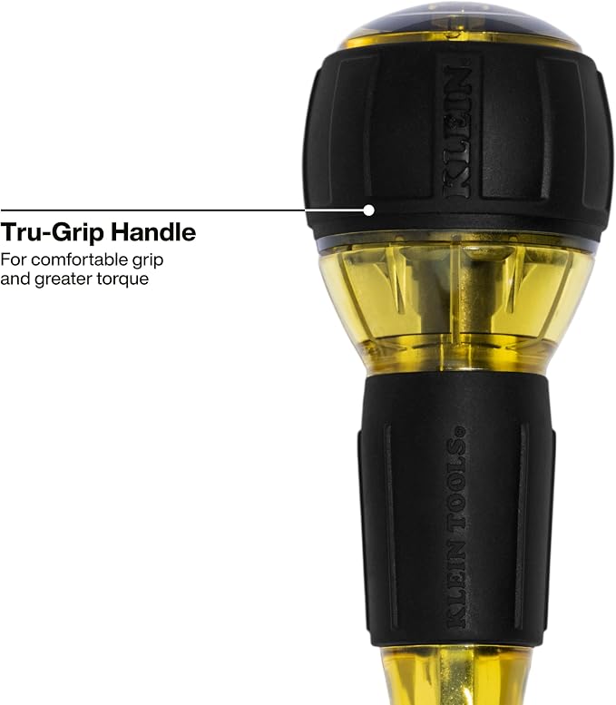 Klein Tools 32961A 8-in-1 Tru-Grip Screwdriver with Stubby, Phillips, Slotted, Square Tips, 1/4-Inch Nut Driver, Rare-Earth Magnet, 6-Bit Storage, Ball-Style Handle
