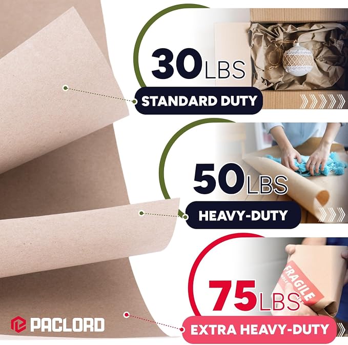Paclord 18" x 5700" (475 feet) Natural Brown Kraft Paper Roll, 75 Lb Extra Heavy-Duty (Grocery Bag Grade) – Made in USA Large Size Roll of Brown Wrapping Paper, 3-inch Core – for Packaging, Shipping | 75 Lb Extra Heavy-Duty (Grocery Bag Grade) – Made i...