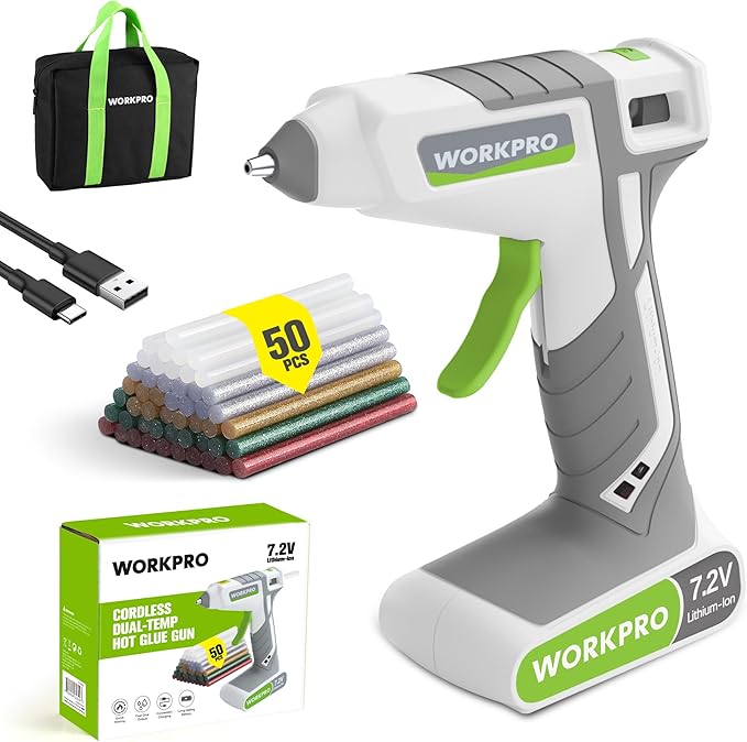 WORKPRO Cordless Hot Glue Gun, 30s Fast Preheating, 7.2V Dual-Temp Glue Gun Kit with 50pcs Glue Gun Sticks, Storage Bag, USB-C Charging Cord, 2600mAh Battery for DIY and Crafting, White