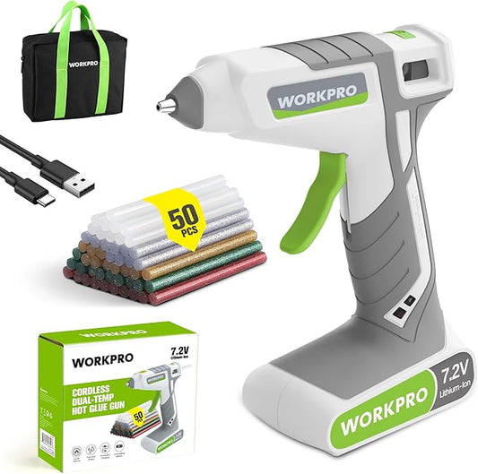 WORKPRO Cordless Hot Glue Gun, 30s Fast Preheating, 7.2V Dual-Temp Glue Gun Kit with 50pcs Glue Gun Sticks, Storage Bag, USB-C Charging Cord, 2600mAh Battery for DIY and Crafting, White