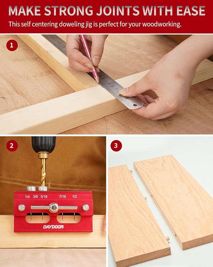DAYDOOR 2.1" Self Centering Dowel Jig, Universal Capacity Doweling Jig & Drill Guide for Woodworking, Complete Kit with 6 Steel Bushings for Straight Holes(Red)