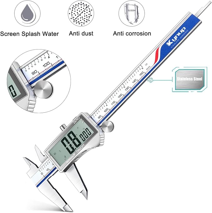Kynup 6 Inch Caliper with Large Screen, 8 Inch Digital Caliper IP54 Measuring Tool Stainless Steel Measuring Tools