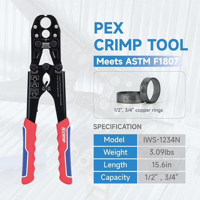 iCrimp PEX Pipe Crimping Tool, Convertible 1/2" & 3/4" Jaws | Convertible 1/2" & 3/4" jaws for tight spaces and easier rear crimping; includes GO/NO-GO gauge