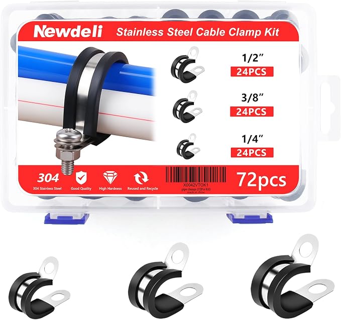 Newdeli 72Pcs Cable Clamps Assortment Kit 3 Sizes 1/4" 3/8" 1/2" Stainless Steel Cable Clamp Rubber Cushioned Hose Clamp Insulated Automotive Wire Pipe Clamps