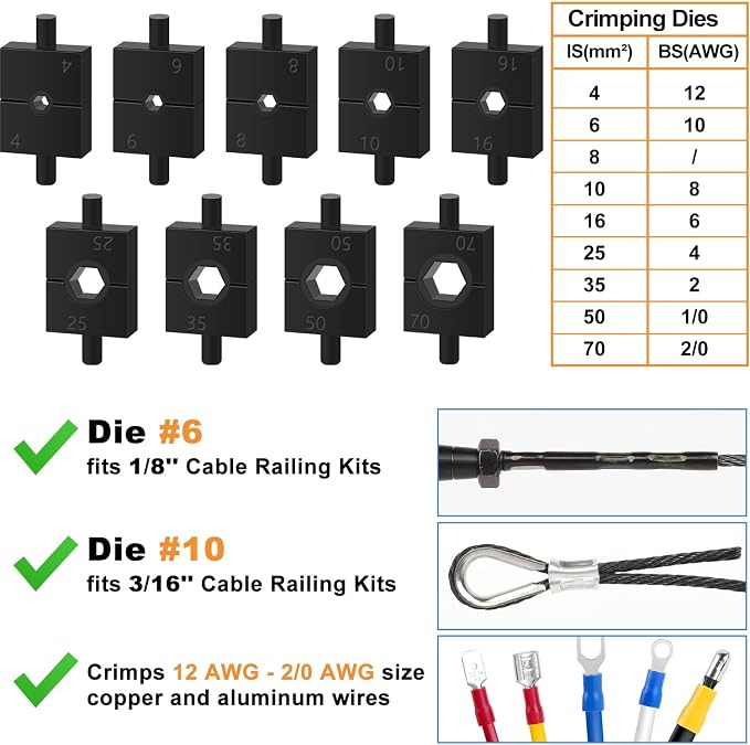 Upgraded Hydraulic Crimping Tool and Cable Cutter, Hydraulic Cable Lug Crimper with 9 Dies, Wire Swaging Tool for 1/8" - 3/16" Stainless Steel Cable Railing Kit