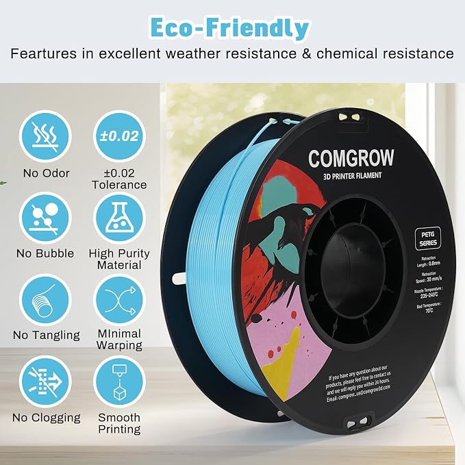 Comgrow PETG 3D Printer Filament 1.75mm, High Precision and Tough 3D Printer Filament 1kg (2.2LBS), Dimensional Accuracy +/- 0.02 mm, Fit Most 3D Printers Light Blue