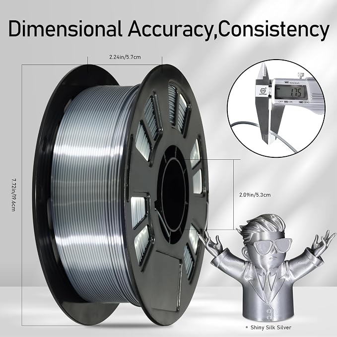 Silk Sliver PLA Satin Shiny 3D Printer Filament, 1.75mm Diameter 1kg Spool 2.2lbs for FDM 3D Printers