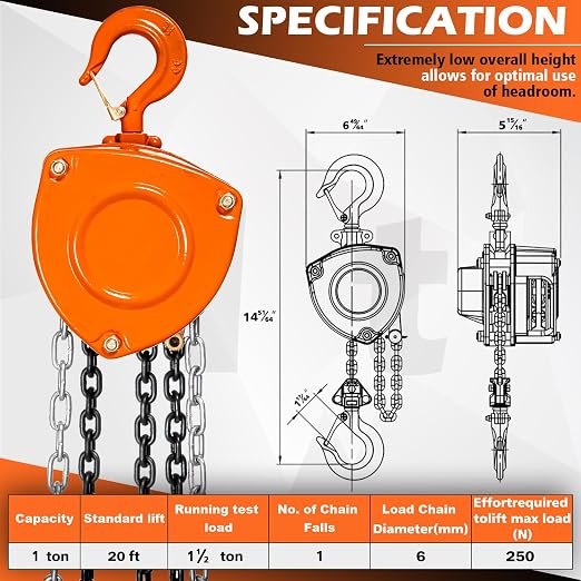 YATOINTO Chain Hoist 1 Ton(2200 Lbs) Capacity 20 FT Manual Hand Lift Steel Chain Block Hoist with 2 Heavy Duty Hooks Industrial Grade Steel Structures for Garages Automotive Machinery