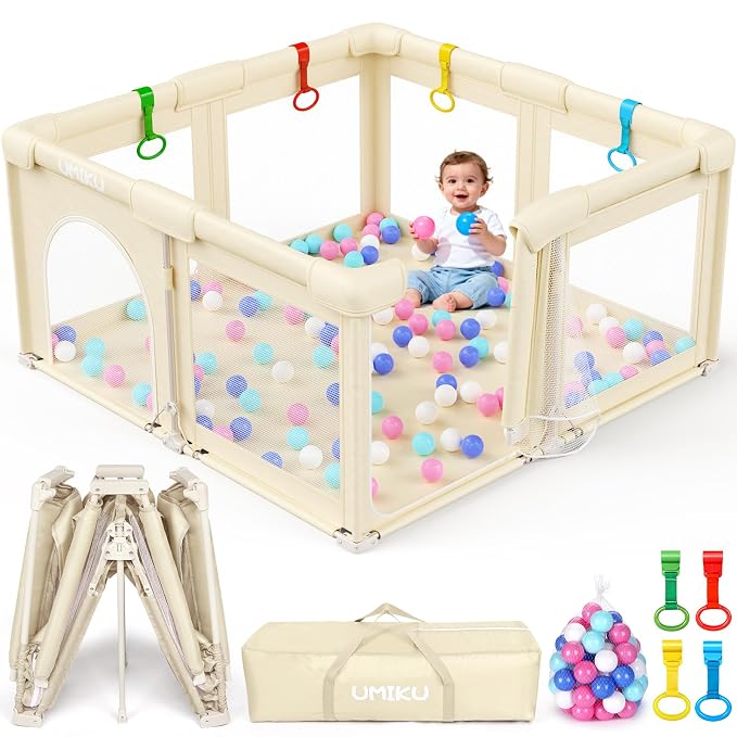 Baby Playpen Foldable Playpen for Babies and Toddlers, Large Playpens Portable Play Pen Play Yard for Kids Fence Indoor Outdoor Travel 4 Handlers 50 Balls Baby Gifts Essentials 50"X50" Beige