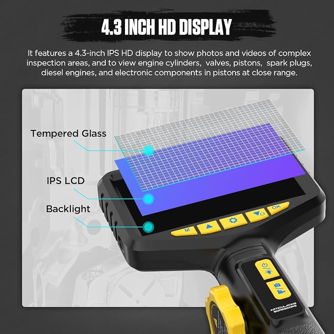 SVB305 Two-Way 210° Articulating Borescope, 4.3" IPS HD Endoscope with Light, IP67 Waterproof 3FT Flexible Cable, 32GB SD Card & 2000mAh Battery, for Automotive/Mechanical/Pipeline Inspections