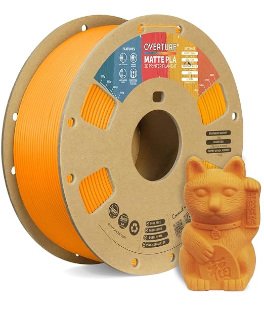 OVERTURE Matte PLA 1.75mm, Low Warp & Smooth Finish 3D Printer Filament | Frosted Matt Finish Hides Layer Lines, 1kg Spool (2.2lbs) Cardboard Spool, Fit Most FDM Printer (Matte Orange)