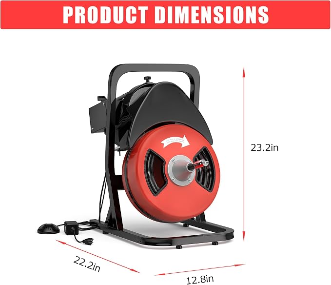 50FT 1/2 Inch Drain Cleaning Machine, Portable Electric Drain Auger with 6 Cutter & Air-Activated Foot Switch, Sewer Snake Drain Cleaner for 1" to 4" Pipes, Red