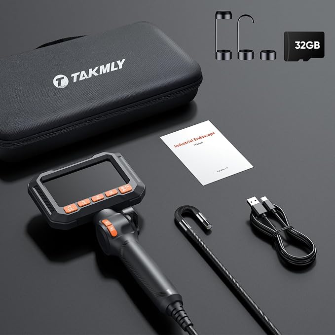 T Takmly Two-Way Articulating Borescope with Light, 210° Steerable 1080P Endoscope Camera, 0.33inch Semi-Rigid Snake Scope, 4.3" IPS Screen, 32GB, 5.5FT for Automotive Engine HVAC Wall Mechanics