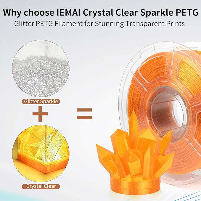 IEMAI Glitter Clear PETG Filament 1.75mm 4kg Bundle, Sparkly Transparent Finish 3D Printer Filament 1kg Spool 4 Rolls Red+Orange+Green+Pink, for Most FDM 3D Printers