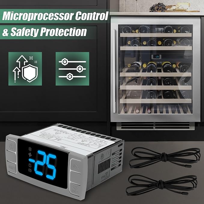 32-bit Enhanced XR06CX-4DAFILS Temperature Controller, Replaces Dixell XR06CX for 110-125V 50-60Hz Commercial Fridges/Freezers, Digital Thermostat, Voltage Protection & Reset, Blue Screen
