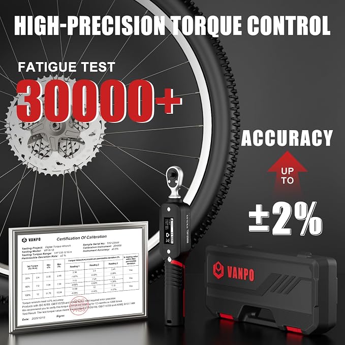 VANPO Digital Torque Wrench 1/4-Inch 4–8.85 ft-lb/0.6–12 Nm for Bicycles | ±2% Accuracy, Electronic Torque Wrench with LCD Display, Audible & Color Feedback for Small Engine & Precision Instruments