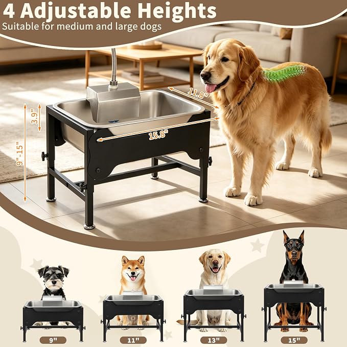 YUEPET 3Gal Automatic Dog Water Bowl Dispenser for Large Dogs, Height Adjustable Elevated Dog Water Bowl, Stainless Steel Pet Waterer with Float Valve, Outdoor Non-slip Water Bowl for Dogs Sheep Goats
