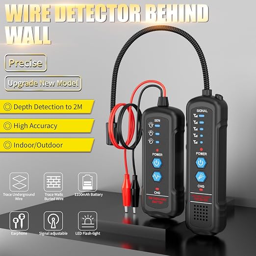 Underground Wire Locator, Circuit Breaker Finder with Earphones, Broken Wire Detector- Electrical Wire Tracer for Buried Cables, Pet Fence Broken Wire Locator, 2M Detection Depth & 1100mAh Battery