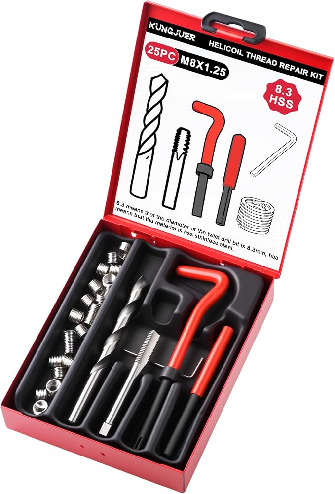 Helicoil Metric Thread Repair Insert Kit, M8x1.25mm Rethreading | Thread Repair kit with HSS Drill Bits, Rethreading Inserts Tool Set for Damaged Thread Repairing with Carry Case