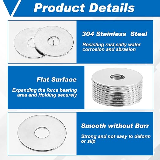 Hotop 400 Pieces Stainless Steel Fender Washers 18-8 Stainless Steel Flat Washer (1/4" X 1")