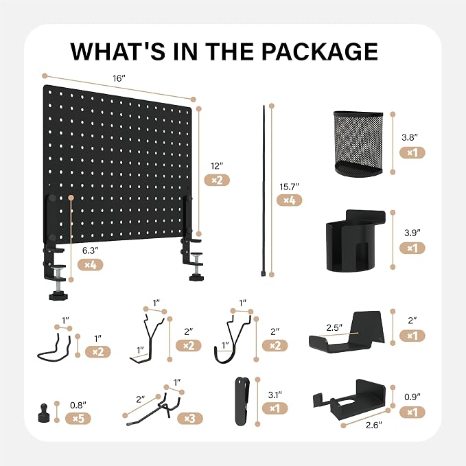 HUHOLE 32 x 12 Inch Clamp On Desk Pegboard Complete Kit | No Drill Metal Privacy Panel and Organizer with Accessories for Home Office, Gaming Setup, Cables and Supplies