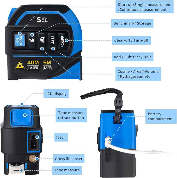 4-in-1 Laser Tape Measure with Laser Level Crosshairs |130ft/40m Laser Distance+16ft/5m AutoLock Tape |Backlit LCD Display (Ft/Inch/M/mm) |for DIY,Construction, Interior Design