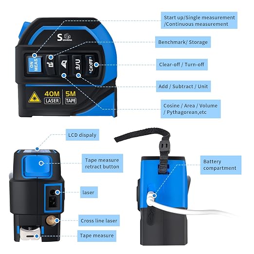 4-in-1 Laser Tape Measure with Laser Level Crosshairs | 130ft/40m Laser Distance + 16ft/5m AutoLock Tape | Backlit LCD Display (Ft/Inch/M/mm & Fractions) | for DIY, Construction, Interior Design