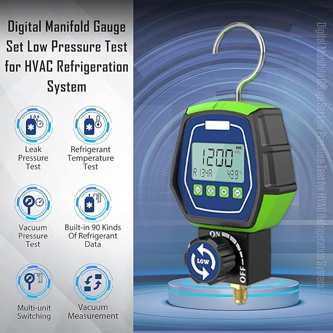 HVAC Digital Manifold Gauge Set, R134a Refrigerant Recharge Kit AC Manifold Gauge Set with 3 Hoses (Tolerance Range: -/+0.5%)