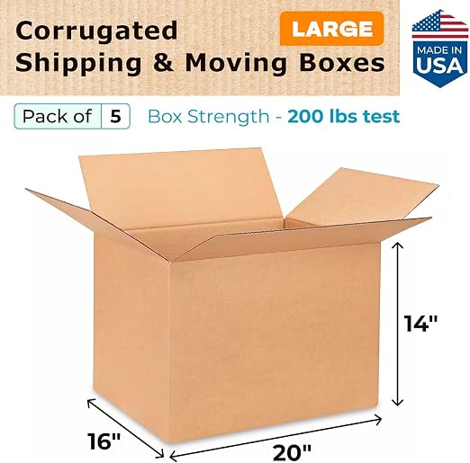 IDL Packaging - B-201614-5 Medium Corrugated Moving Boxes 20"L x 16”W x 14"H (Pack of 5) - Prime Choice of Strong Packing Boxes for Moving or Relocating