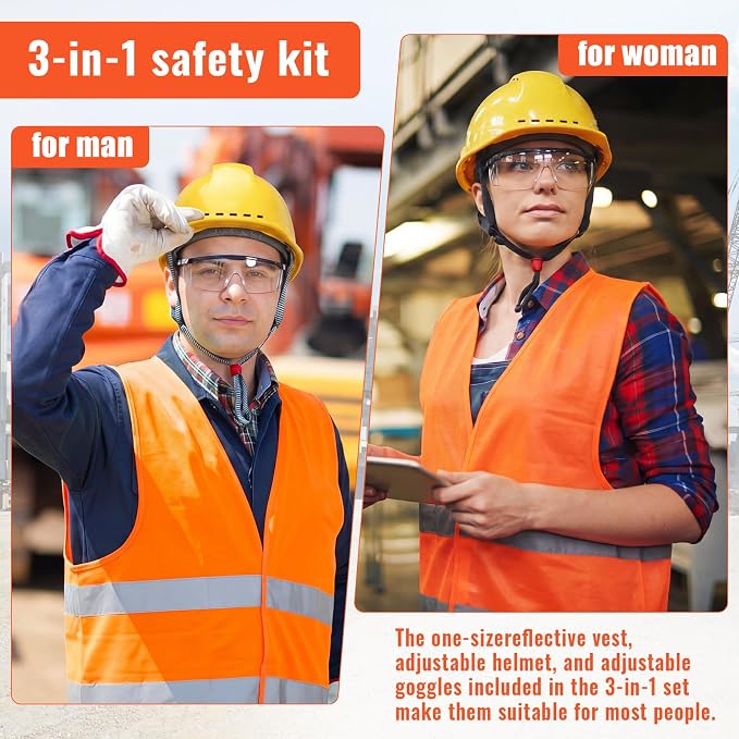 Mumufy 18 Pcs Suspension Hard Hats Safety Helmets Vented Cap Style Helmet with High Visibility Vest Mesh Reflective Anti Fog Safety Goggles Adjustable Temples for Construction Work(Yellow, Orange)