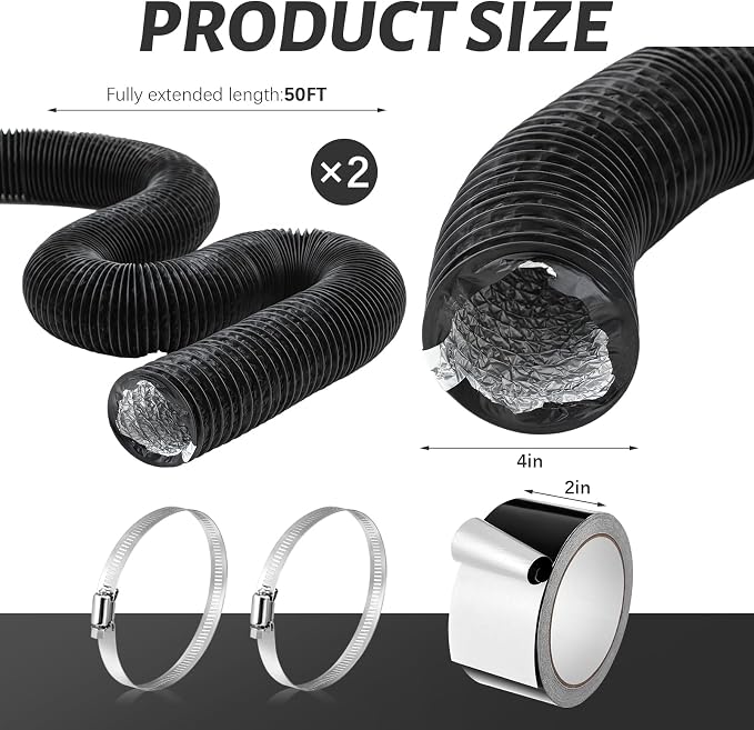 Zonon Dryer Vent Hose 4 Inch x 100 Feet Flexible Aluminum Foil Ducting Non Insulated with Stainless Steel Clamps and Aluminum Tape for Pipe, HVAC Heating Cooling Ventilation and Exhaust(Black)