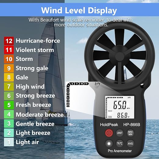 HoldPeak 866B Handheld Anemometer with Tripod, Digital Wind Speed Gauge Meter, Air Flow Velocity Temperature CFM Measuring Device for HVAC Outdoor Sailing Shooting Golf