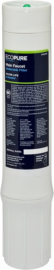EcoPure EPWURF Main Faucet Replacement Filter – Fits EPWUFF System – NSF-Certified – Reduces Chlorine, Odor & Sediment – 6-Month Life – Quick, Mess-Free Changes