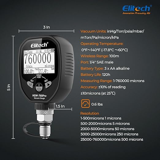Elitech Full-Range Micron Gauge, 0-760000 Micron, Wireless Digital Vacuum Gauge with Adaptor Pressure Tester Meter HVAC, Alarms via APP, Offline Recording, 1/4" SAE, VGW-760Pro