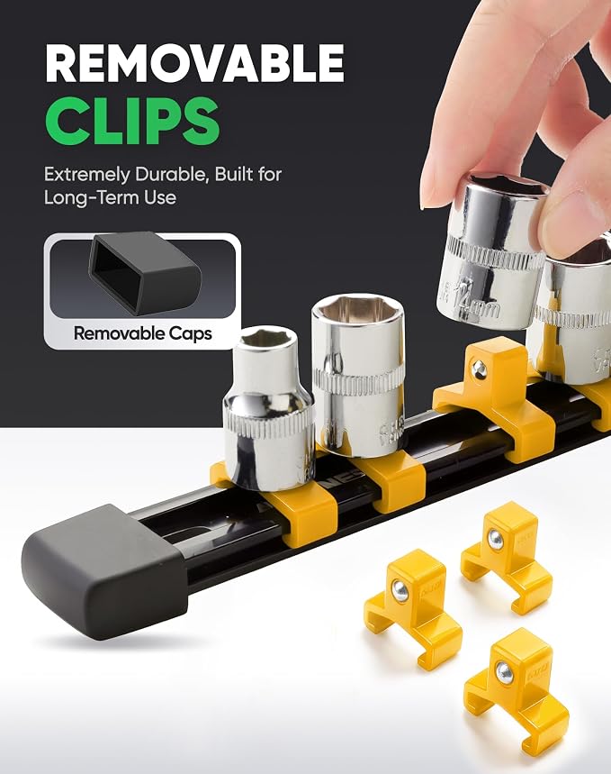 ALOANES 9PC Socket Organizer, Socket Rails Fit 1/2", 1/4" and 3/8" Drive | Heavy Duty ABS Socket Holders Hold up 129 Sockets for Toolbox Drawer Bags(Yellow)