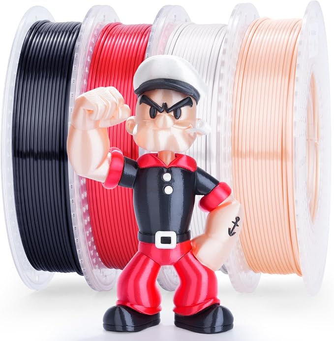 AMOLEN Silk PLA 3D Printer Filament 1.75mm 200g x 4 Spools Bundle, Exclusive Skin/Red/Black/White High Gloss Metallic PLA for Anime Classic Game Hero, Dimensional Accuracy +/- 0.02mm