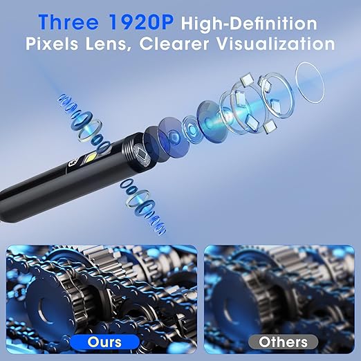 Triple Lens Borescope with 5" IPS Screen, 1920P HD Inspection Endoscope Camera with 50FT Semi-Rigid Snake Cable & 32GB Card, IP67 Waterproof Plumbing Camera for Sewer/Automotive/Drain Pipe