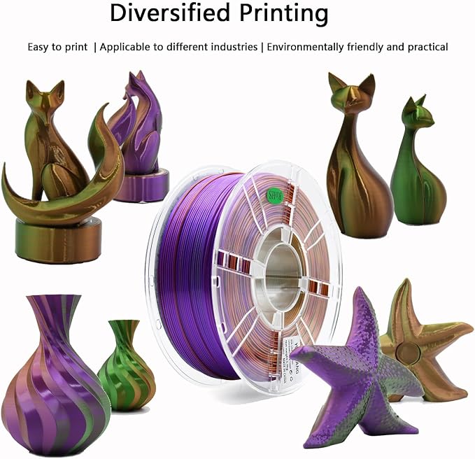 SilkTriple-Color PLA Filament 1.75mm Green-Purple-Copper, ±0.03mm Precision, 1kg Spool (2.2 lbs), Smooth Multi-Tone Gradient PLA, Neatly Wound & Compatible with Most 3D Printers
