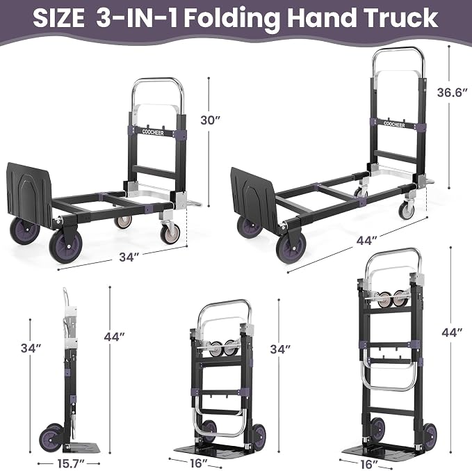 3-in-1 Convertible Heavy Duty Folding Hand Truck Dolly, 600LB Capacity with Rubber& Wheels Telescoping Handles, Portable Collapsible Cart for Warehouse, Supermarket, Office (Black)