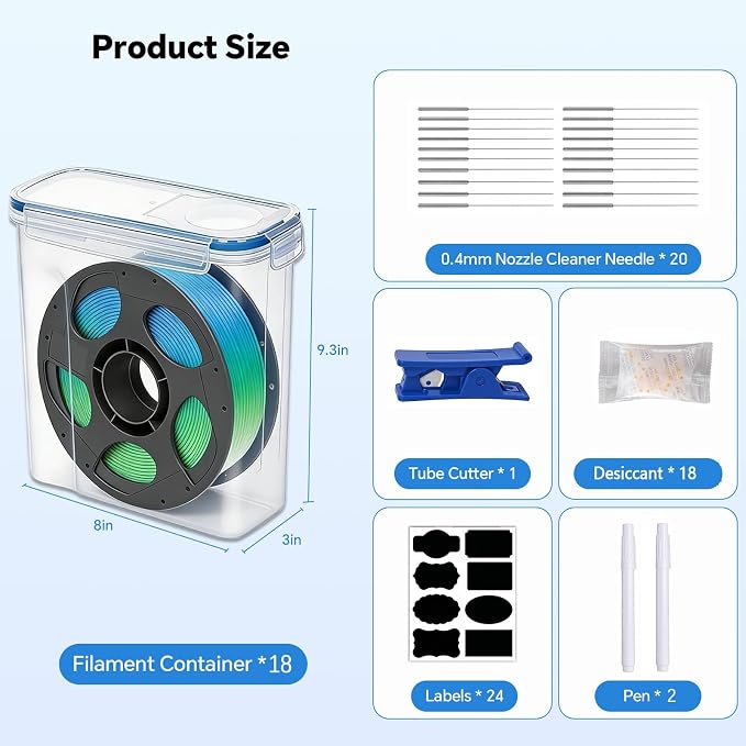 Filament Storage Box - 18 Pack for 3D Printer Filament Container with Desiccants, 0.4mm Nozzle Cleaning Needles and Tube Cutter, Sealing and Protection for 1.75mm Filament (Blue, 18)