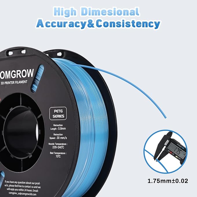 Comgrow PETG 3D Printer Filament 1.75mm, High Precision and Tough 3D Printer Filament 1kg (2.2LBS), Dimensional Accuracy +/- 0.02 mm, Fit Most 3D Printers Gradient Light Blue White
