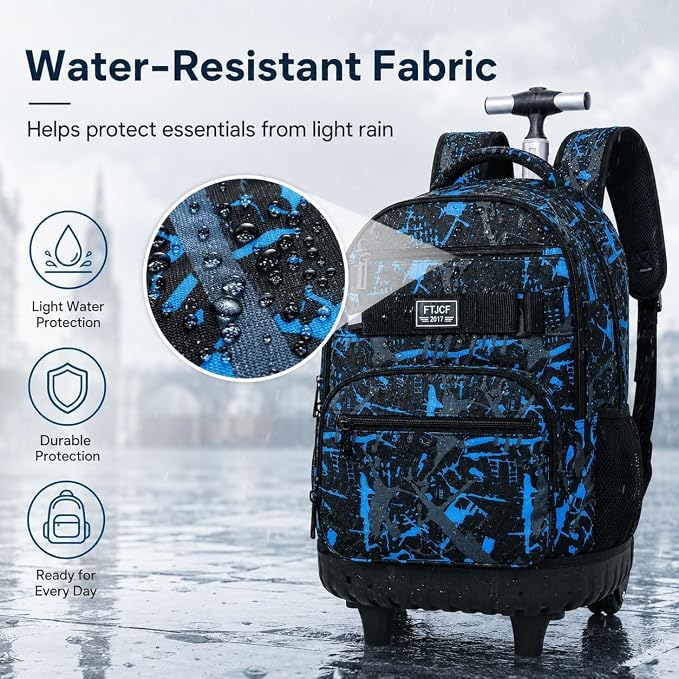 3Pcs Rolling Backpack for Boys Men, Travel Roller Backpacks with Wheels for Adults, Teens College Graffiti Wheeled Bookbag with Lunch Box(Blue)