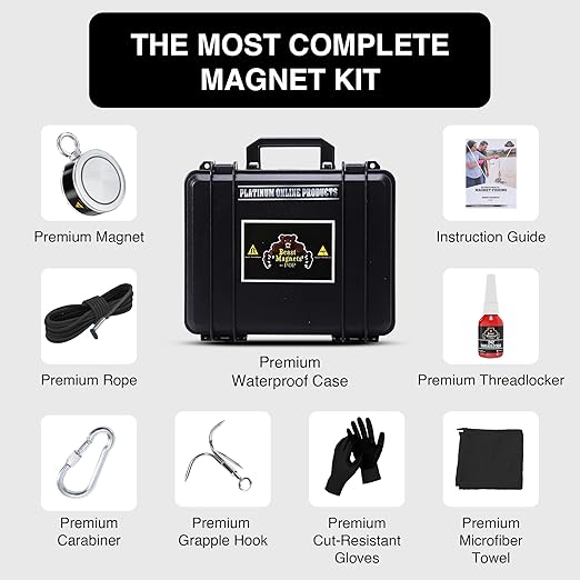 1000LB Complete Magnet Fishing Kit | Double Sided Fishing Magnet Kit with Case | Includes Strong Neodymium N52 Magnets, Durable 65ft Rope, Carabiner, Gloves, Grappling Hook & Carry Case