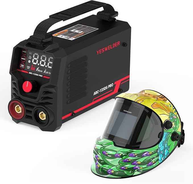 YESWELDER Mini Stick Welder Portable, Large LED Display 125Amp ARC Welding Machine,110V MMA Welder & Large Viewing True Color Solar Powered Auto Darkening Welding Helmet with Side View