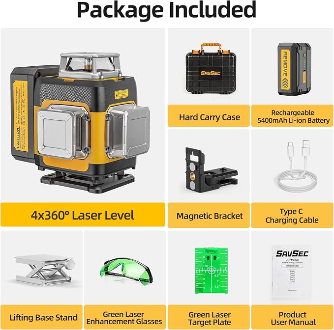 4 x 360 Laser Level 360° Self Leveling, 4D High Brightness Rechargeable Lazer Level, with Pluse Mode for Outdoor, Hard Carry Case, Lift Base, Glasses, Target Plate